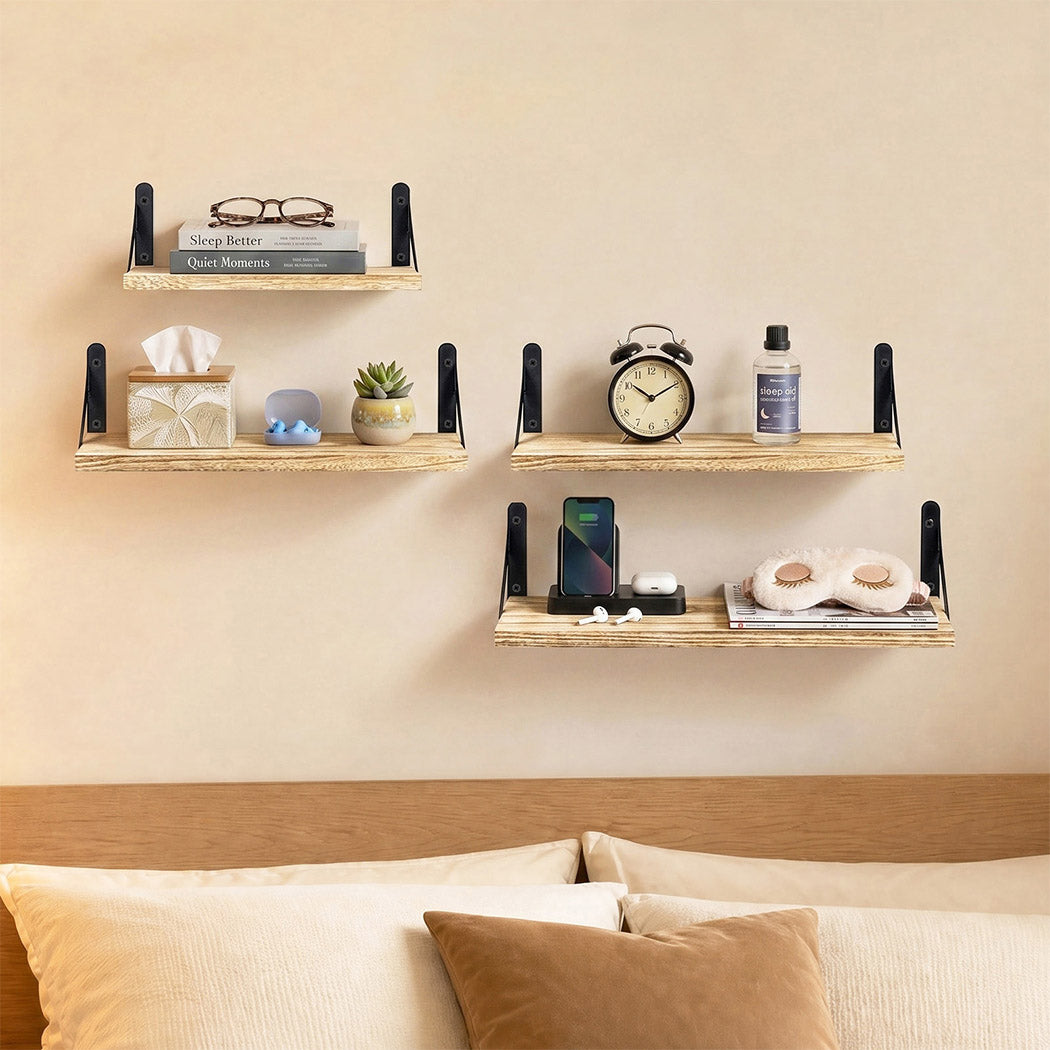 Floating Wall Shelves Rustic Wood 4pc Set | Simpledeals