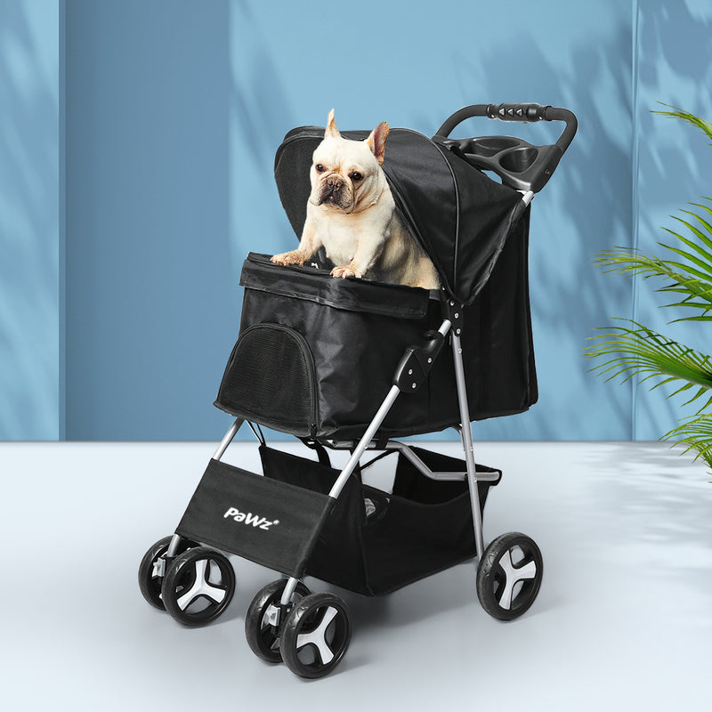 4-Wheel Pet Stroller Dog Cat Cage Travel Carrier Foldable Black - Wheels Puppy Pushchair Walk