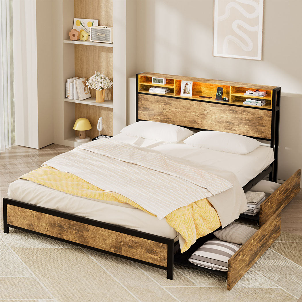Queen Floating Bed Frame With Sturdy Wooden Slats And Modern Design