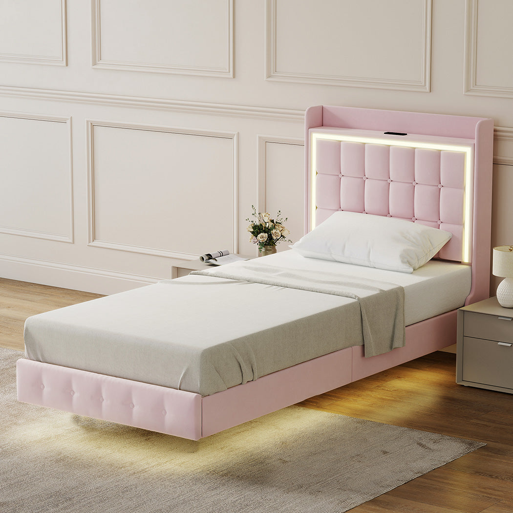 Floating Bed Frame LED Headboard Pink 204x92x112.5cm