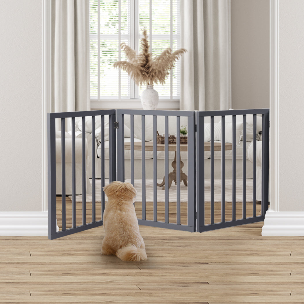 Wooden Pet Gate Dog Fence Foldable Barrier Door 3 Panel White/Grey