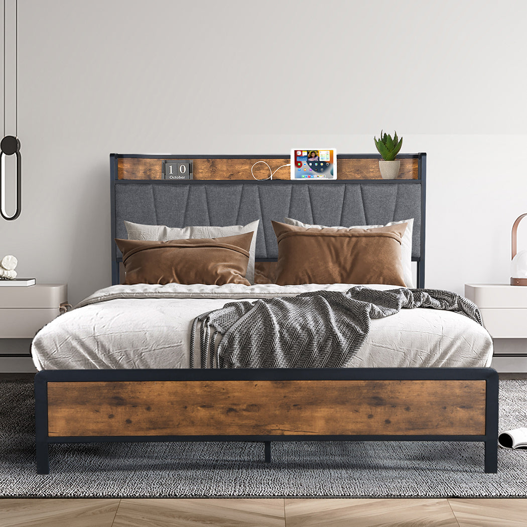 Queen Bed Frame With Tufted Headboard And USB Charging