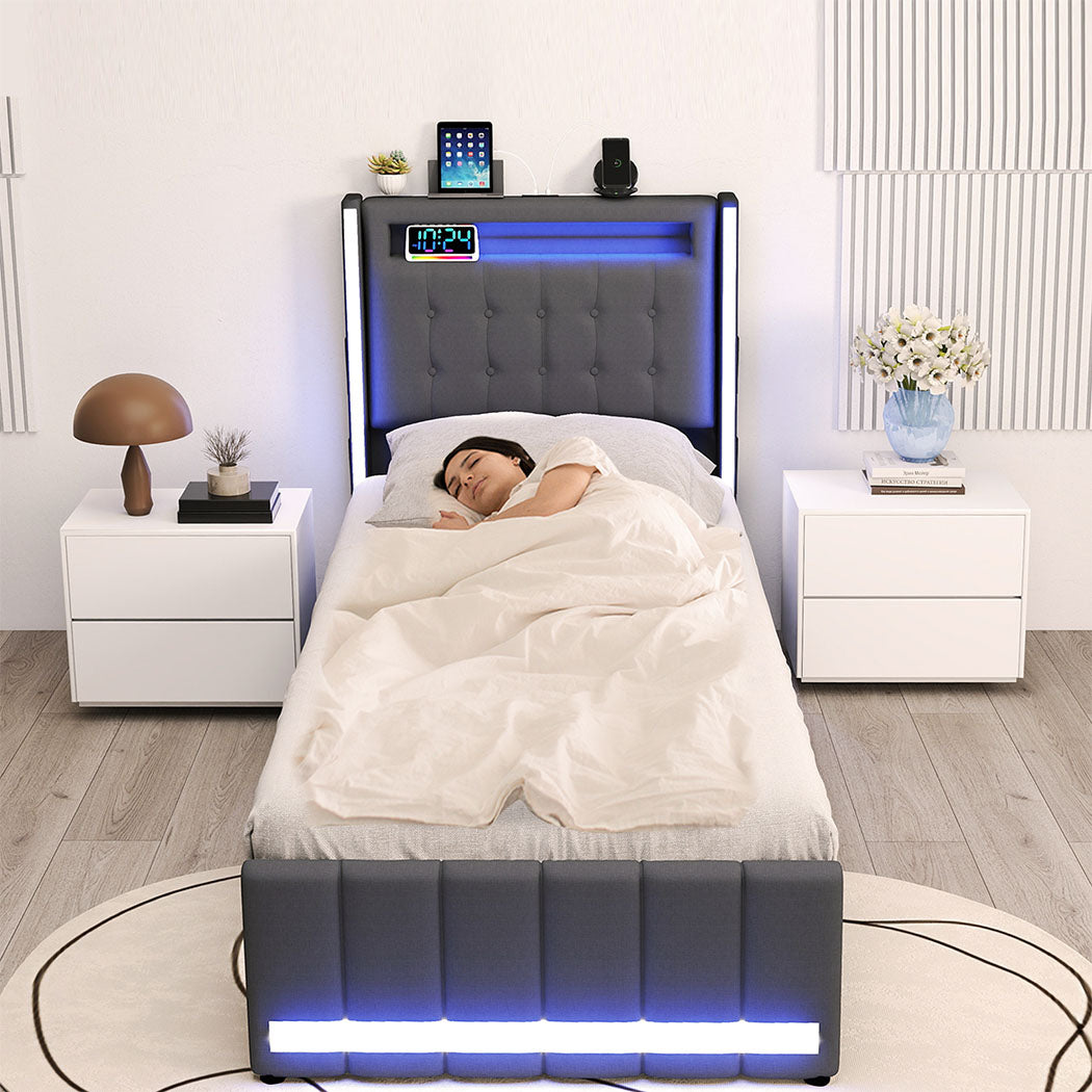Single Bed Frame With Fabric Storage Drawer And LED USB