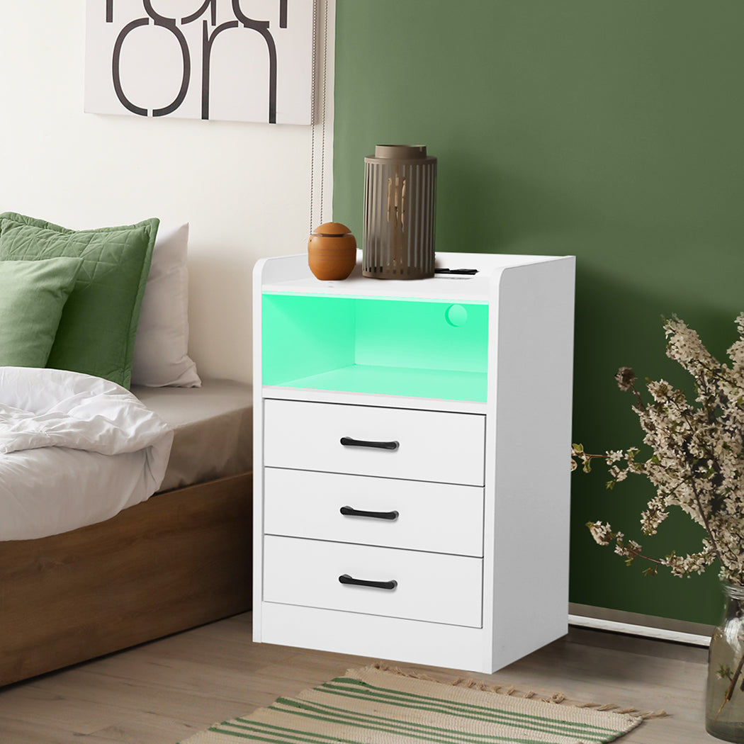 Cozy Bedside Table USB Charger Outlet LED White  Premium Quality