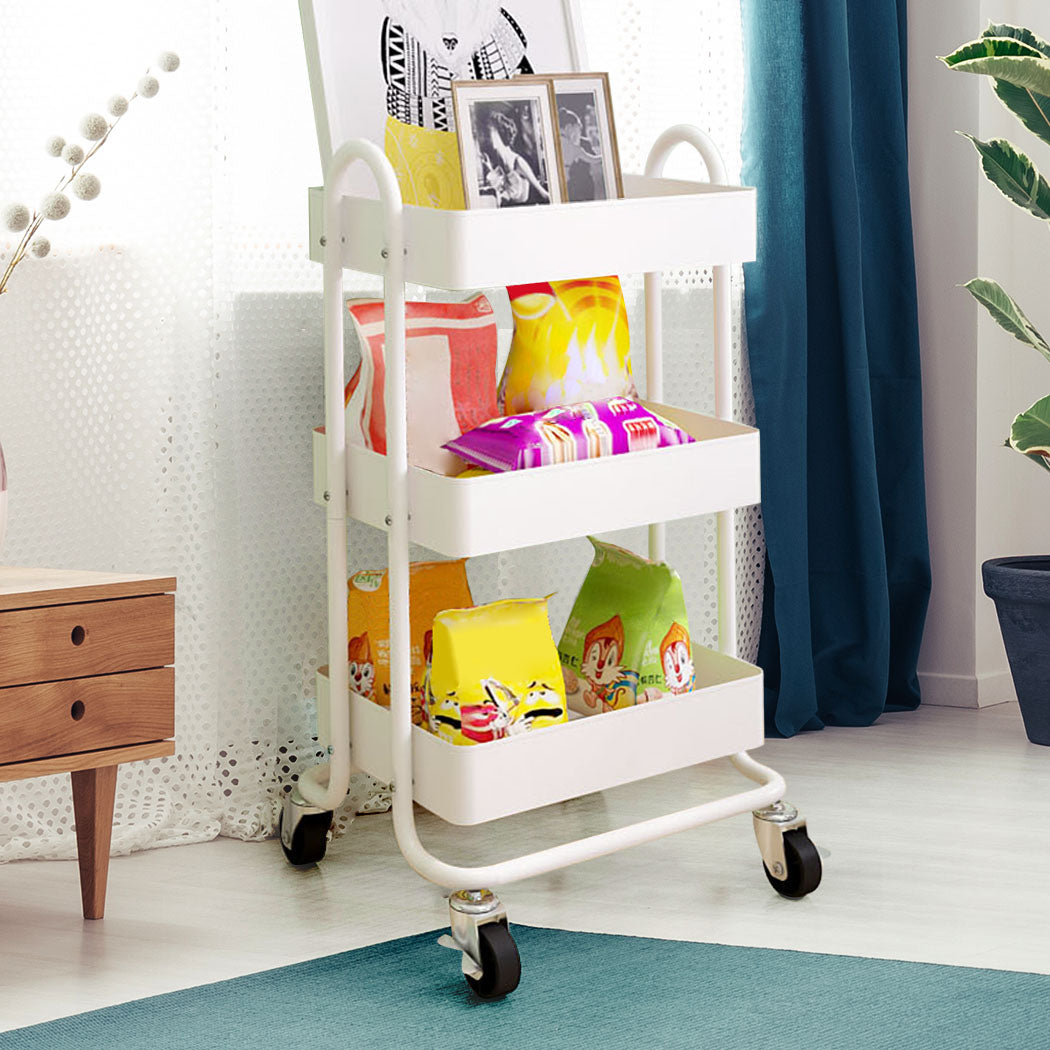 3 Tier Storage Trolley Steel Rolling Cart White | Tiers Kitchen Rack