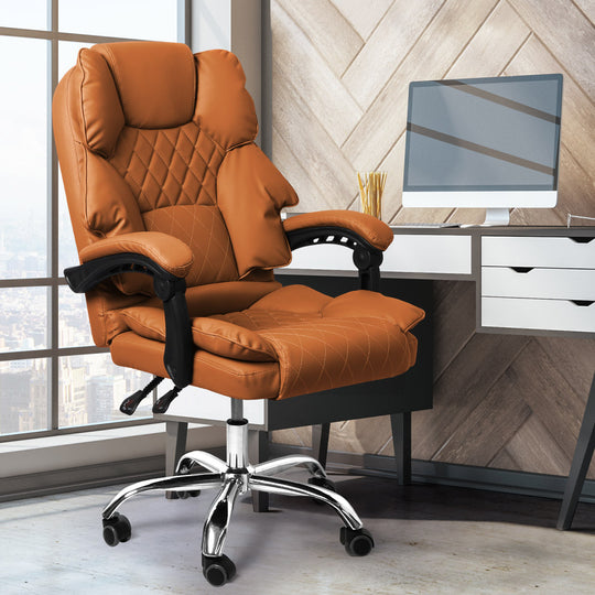 Gaming Chair Office Computer Brown No Footrest - Leather Seat Recliner Grey
