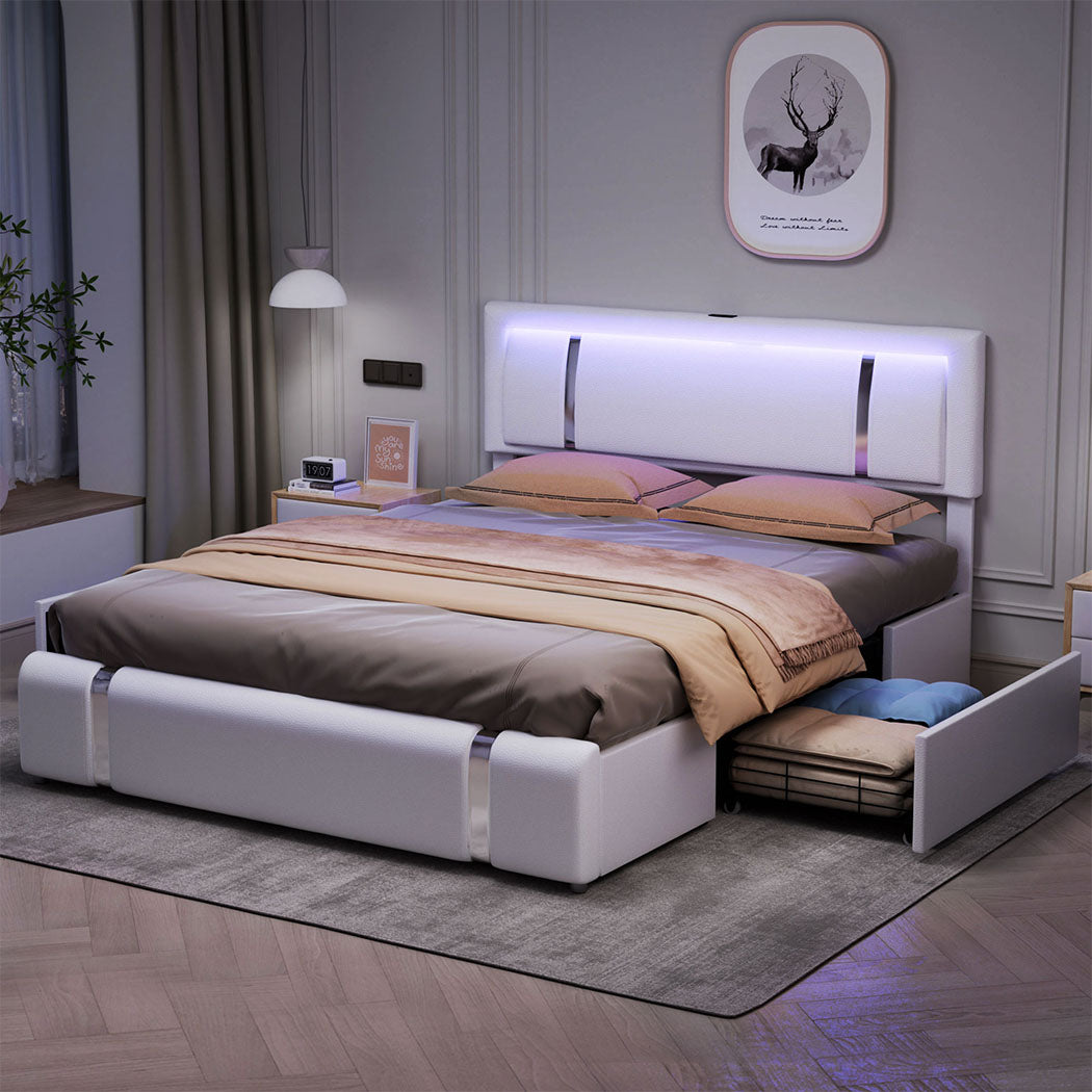 Queen Bed Frame With Adjustable Headboard White Wooden Bedroom Furniture