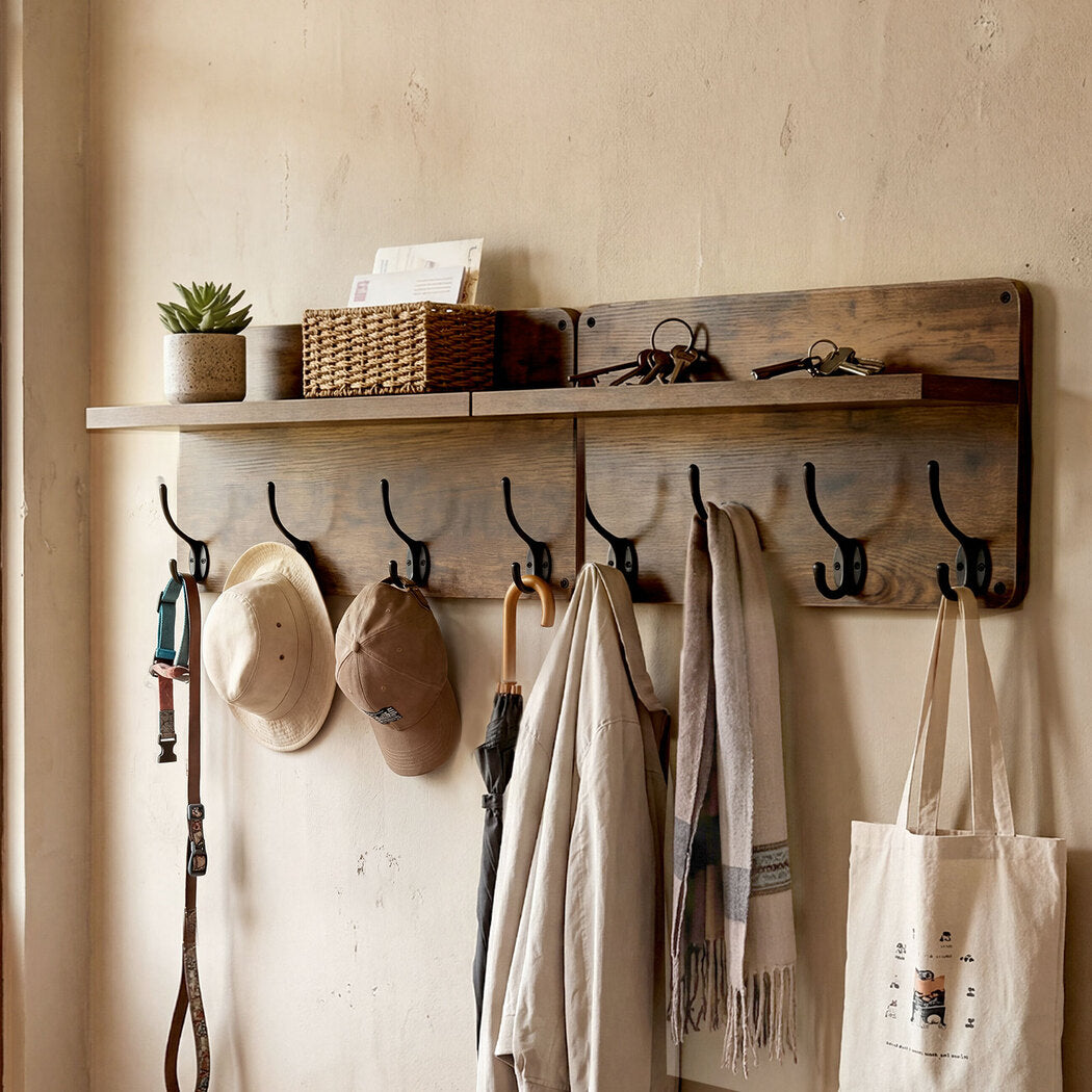 Wall Mounted Coat Rack Shelf Hooks Set 2pc | Simpledeals