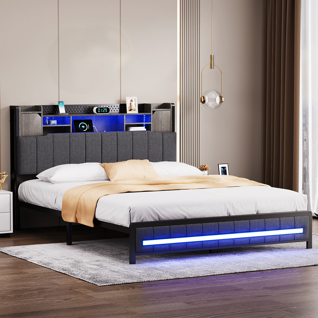 Queen Bed Frame With Storage Headboard And RGB LED Lighting