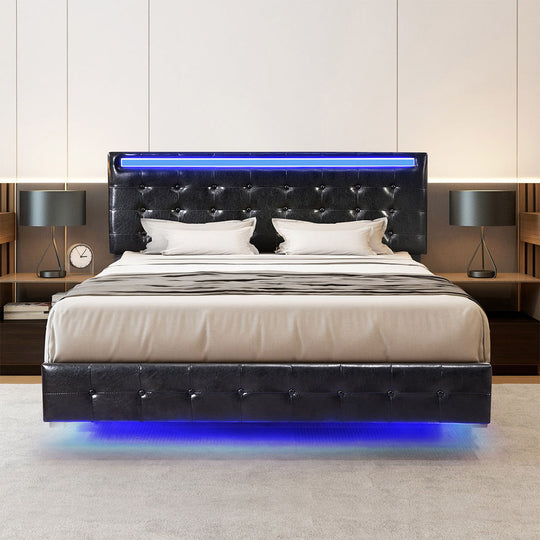 Floating Bed Frame Queen with Headboard and LED Lighting Base