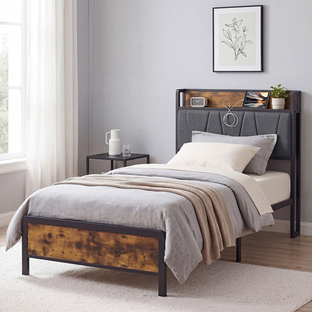 Single Bed Frame Industrial Storage 207x91.5x105cm