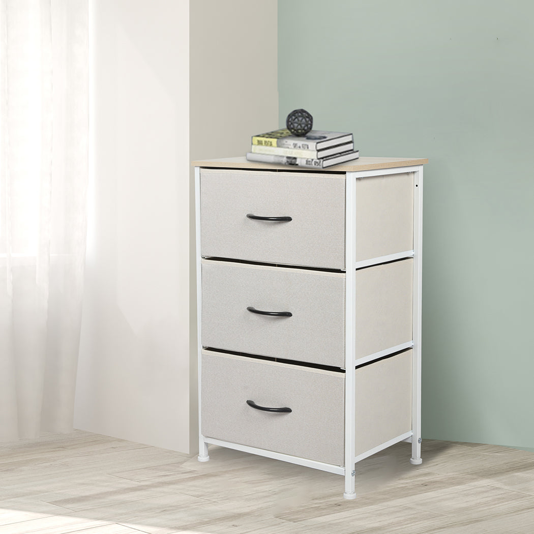 Chest of 3 Drawers Bedside Table Beige, Storage Cabinet Tower Dresser