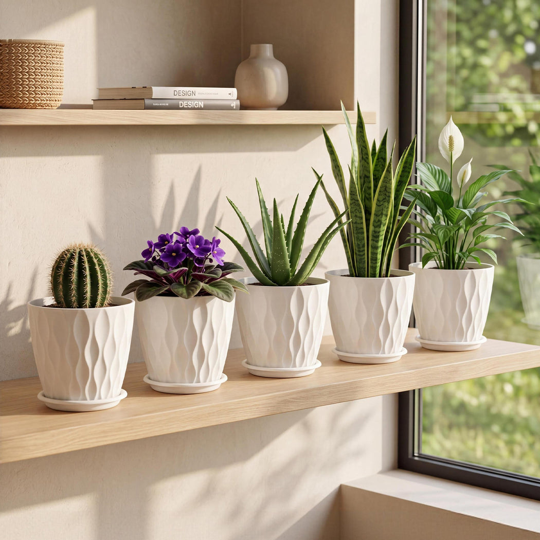 White Plastic Plant Pots 8 Inch Set 5 | Simpledeals