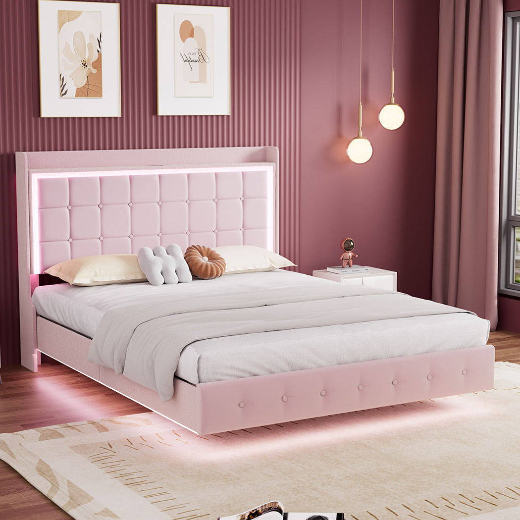 Queen Floating Bed Frame With Wooden Slat