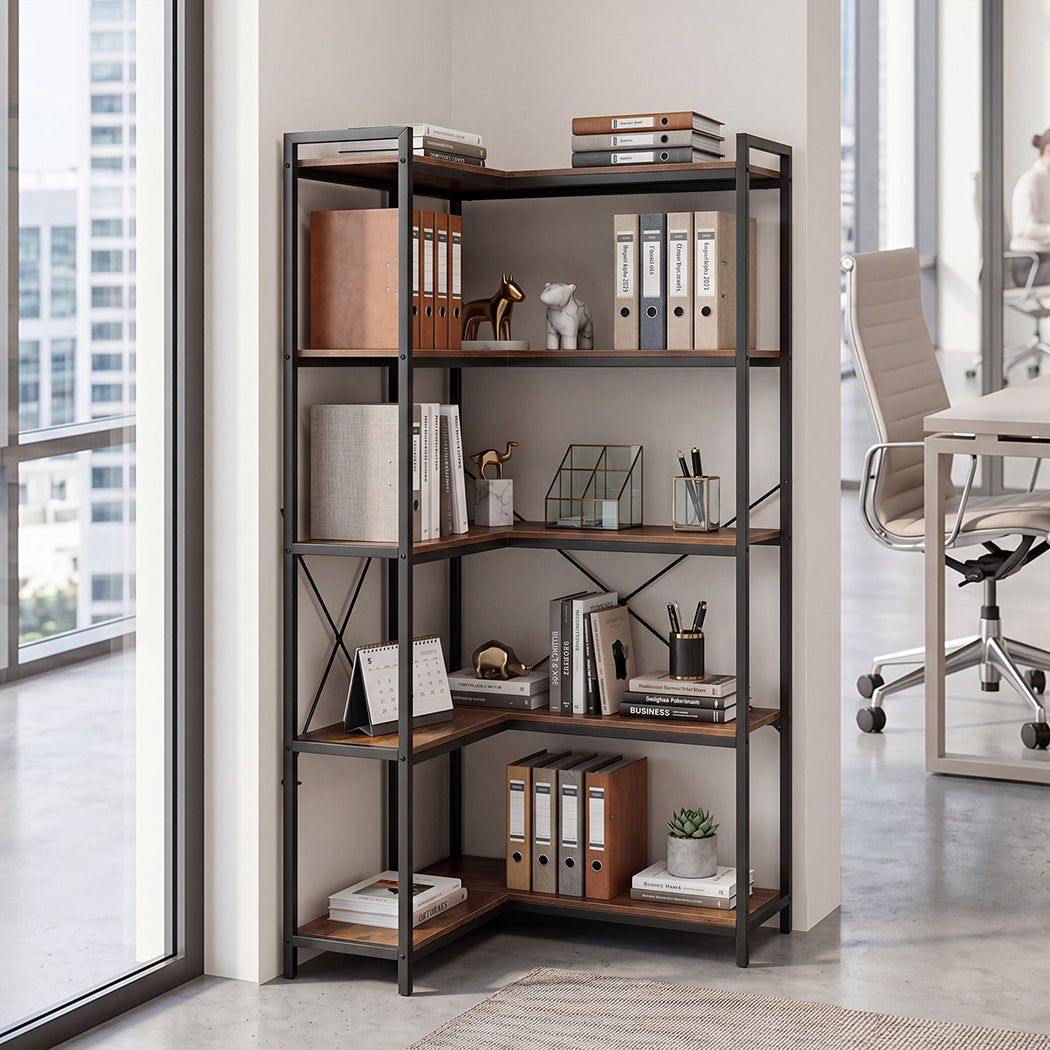 5 Tier Corner Bookshelf L-Shape Storage Brown | Simpledeals