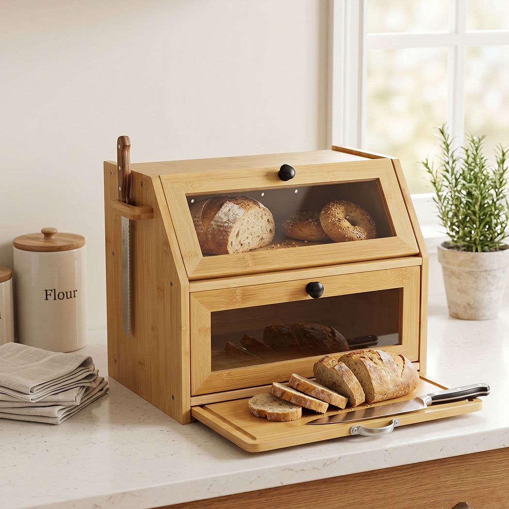 Bamboo Bread Bin Double Layer Cutting Board | Simpledeals