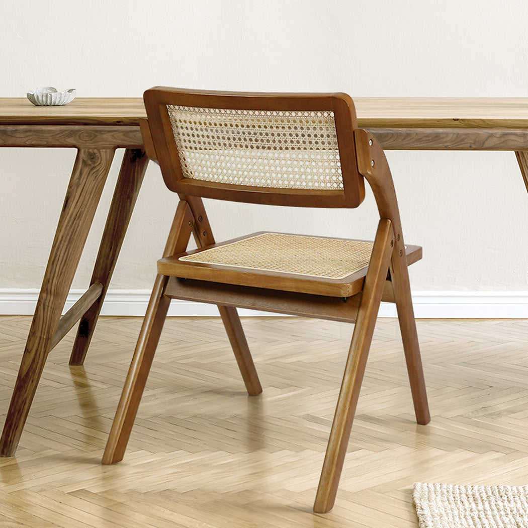 Premium 2X Foldable Rattan Dining Chairs Walnut  Wood Finish