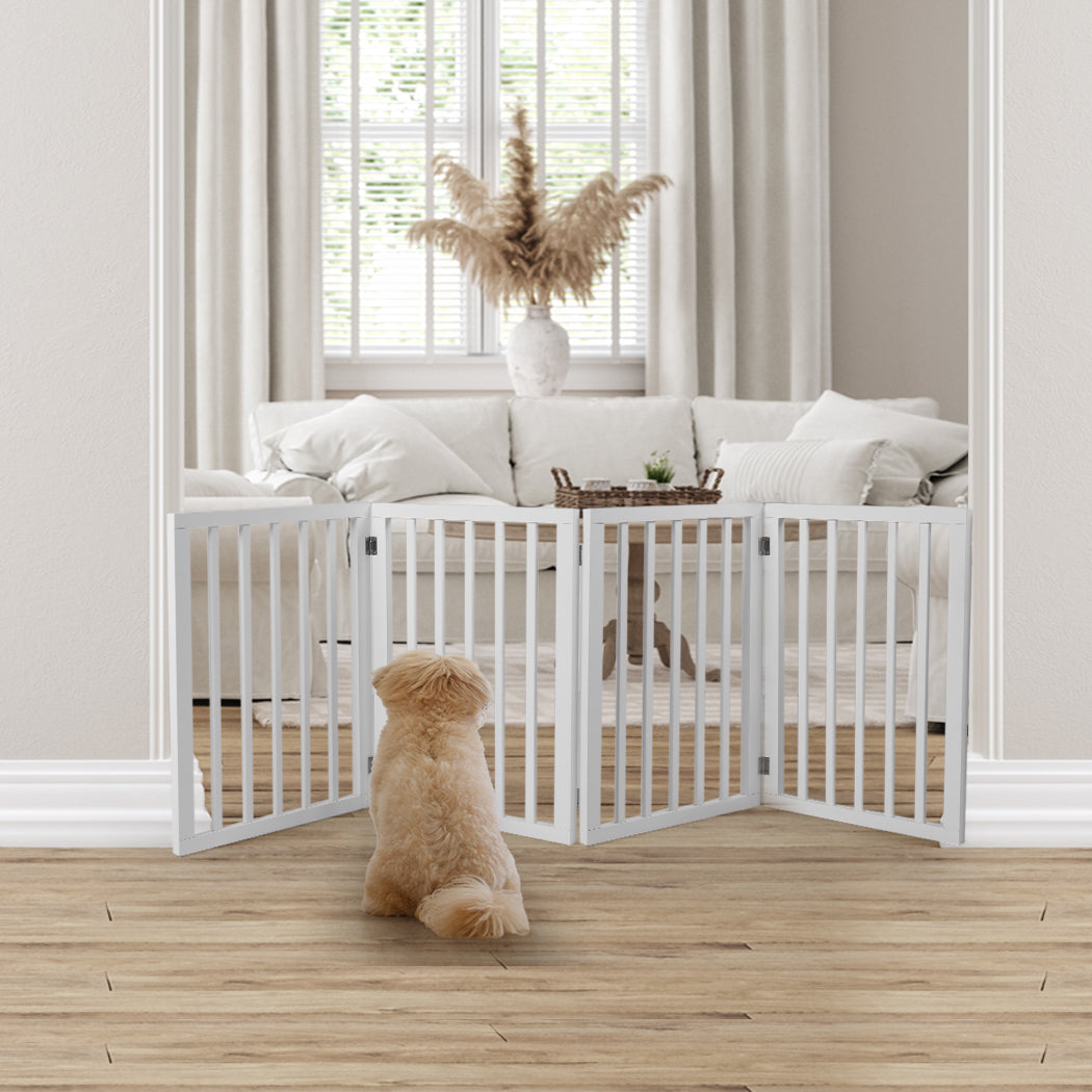 Wooden Pet Gate Dog Fence Foldable Barrier Door 4 Panel White/Grey