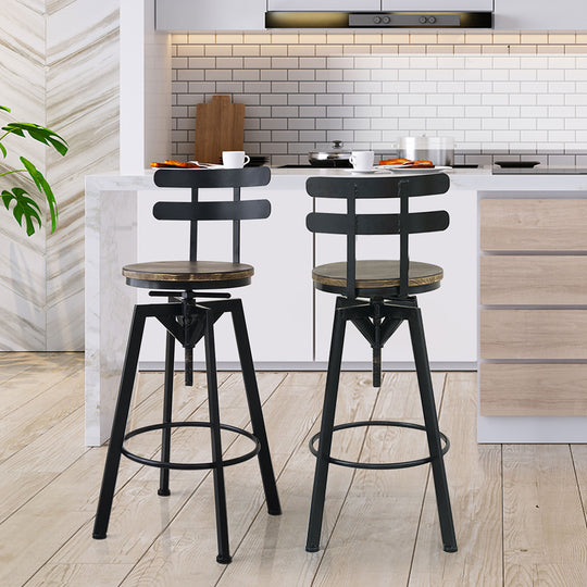 1x Bar Stool Industrial Adjustable - Swivel Stools Back Wood