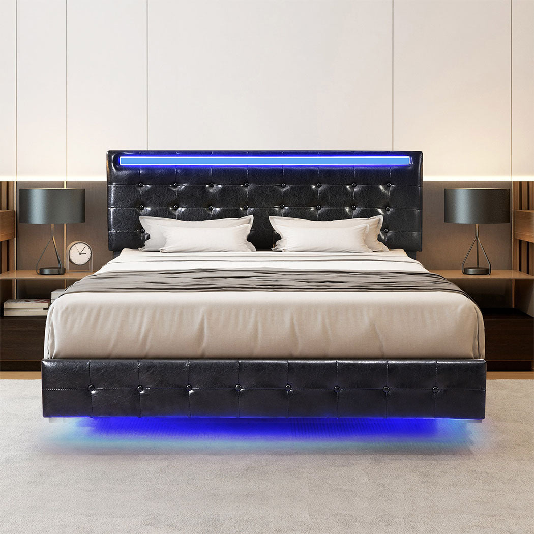 Floating Bed Frame With Headboard And LED Lights Double Mattress Base