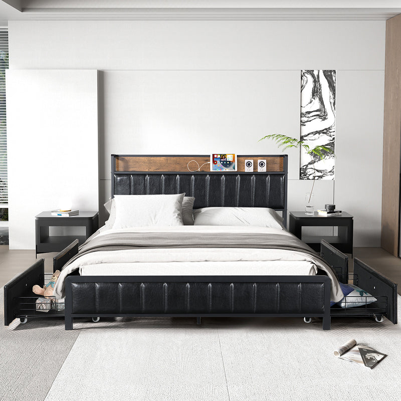 Queen Bed Frame With 4 Storage Drawers With USB Charge