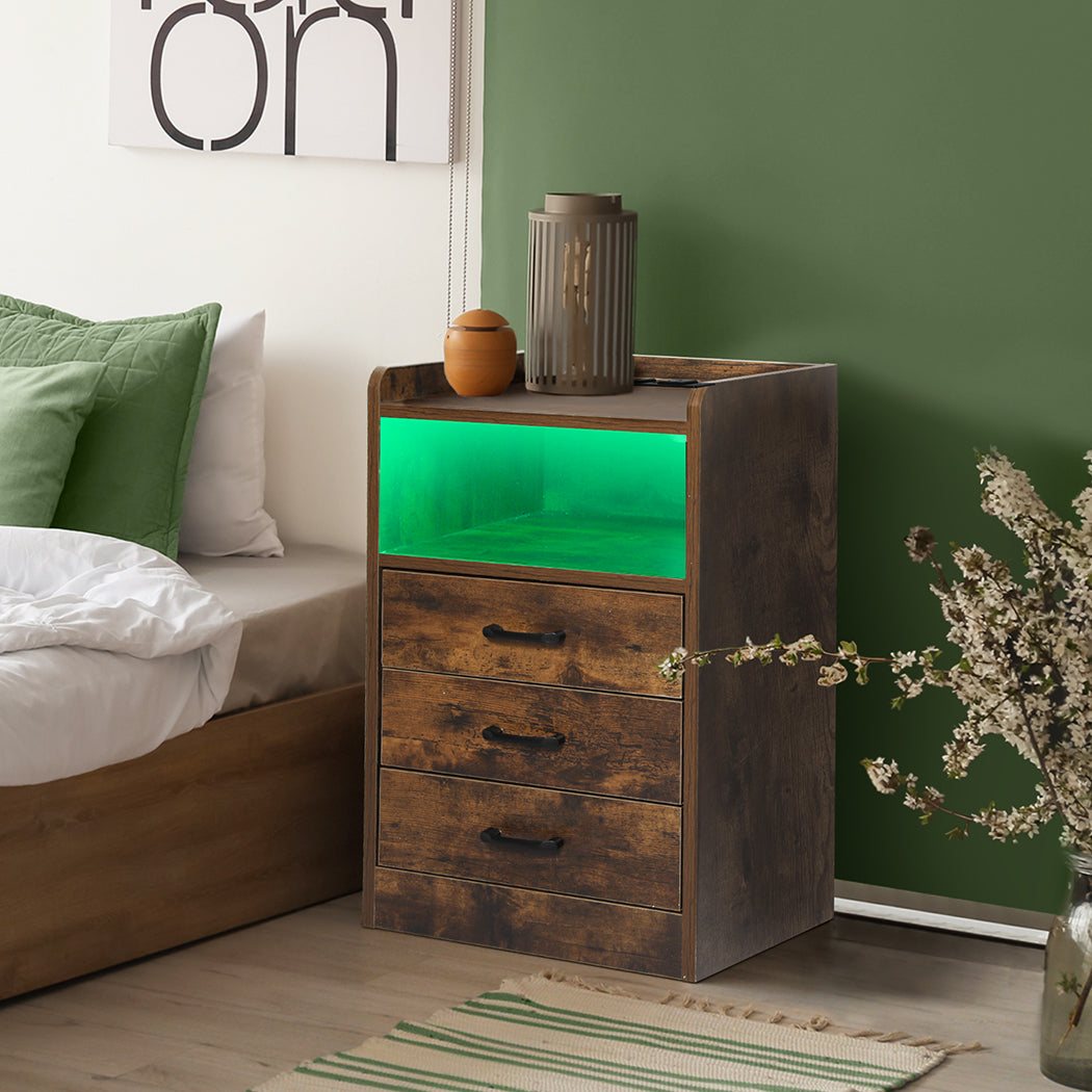 Functional Bedside Table USB Charger Outlet LED Oak  Comfortable