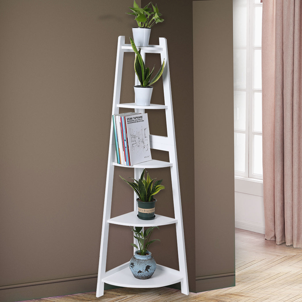 5 Tier Corner Shelf Wooden Storage White