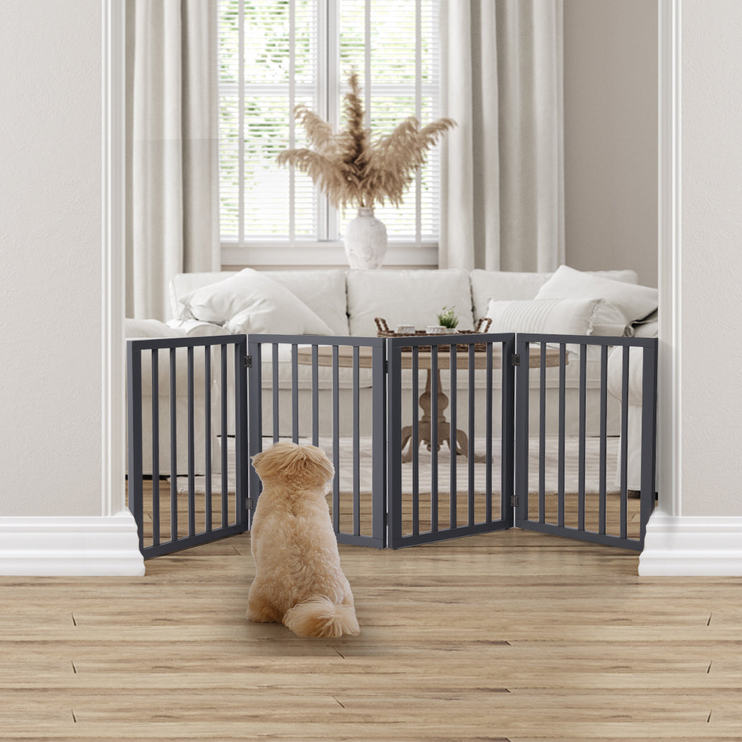 Wooden Pet Gate Dog Fence Foldable Barrier Door 4 Panel White/Grey