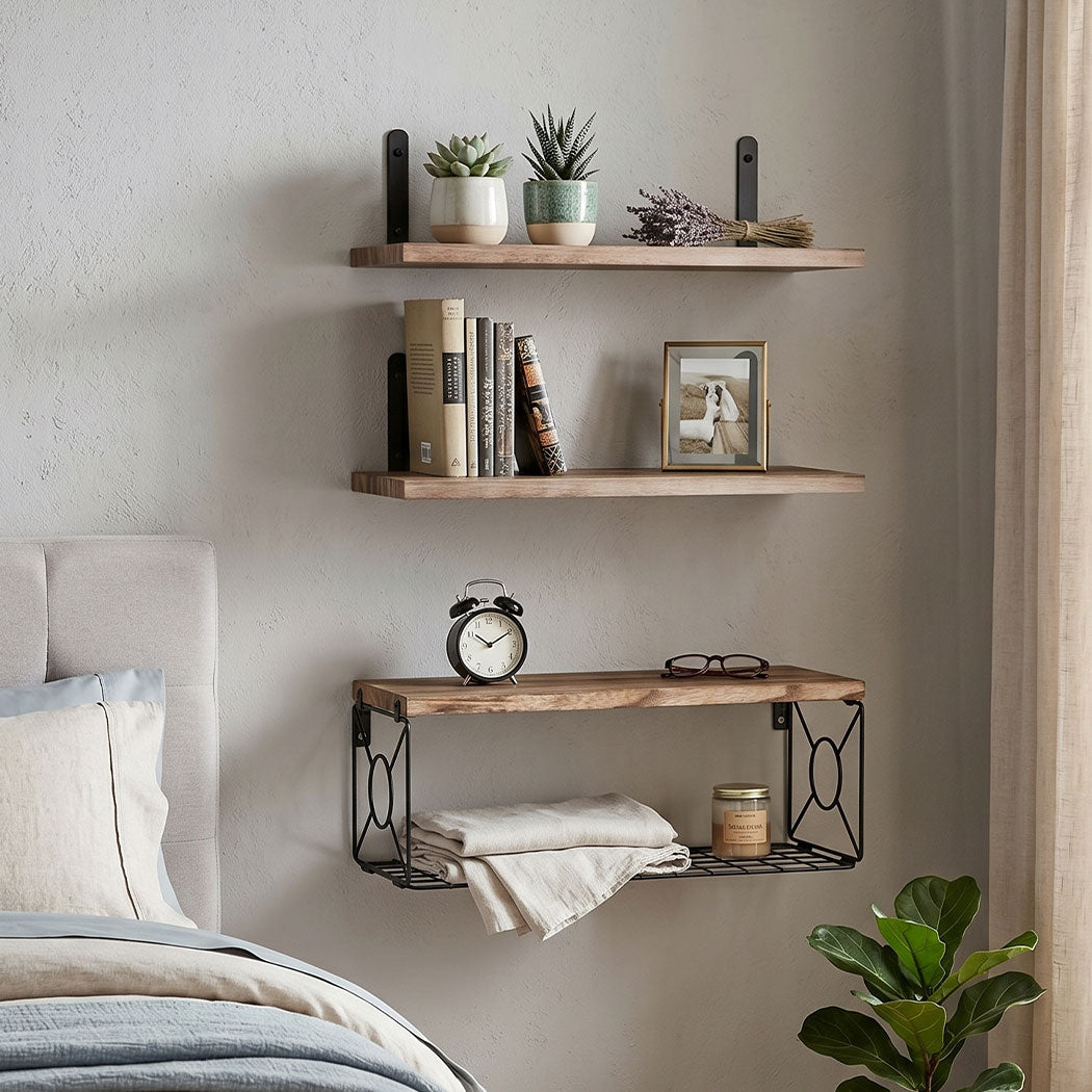 Floating Wall Shelves Set 3pc Basket Storage | Simpledeals