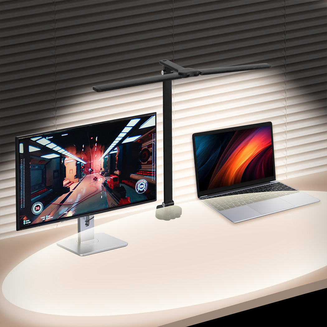 Ergonomic Double Head LED Desk Lamp Dimmable With Clamp  Wood Finish
