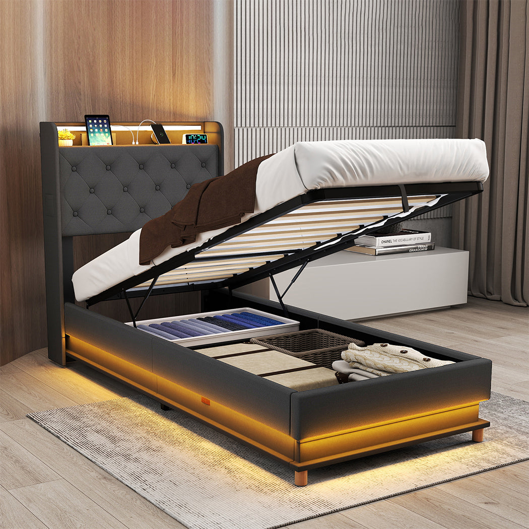 Single Bed Frame With Gas Lift Storage And LED Light USB Charging