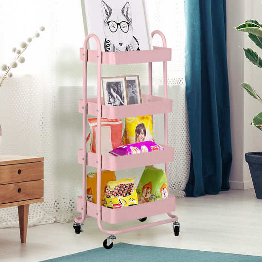 4-Tier Steel Storage Trolley with Wheels Pink Compact