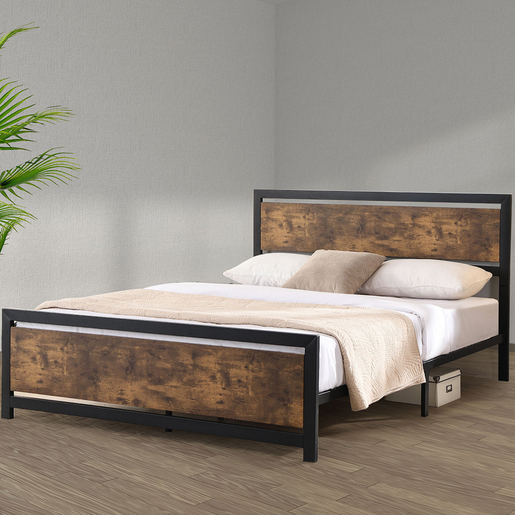 Rustic Wooden Industrial Metal Bed Frame for Double/Queen Mattress Base