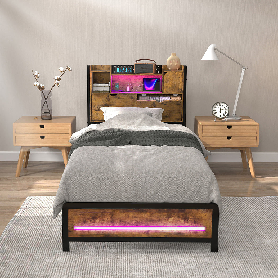 Single Bed Frame Storage Industrial 209x92x109cm