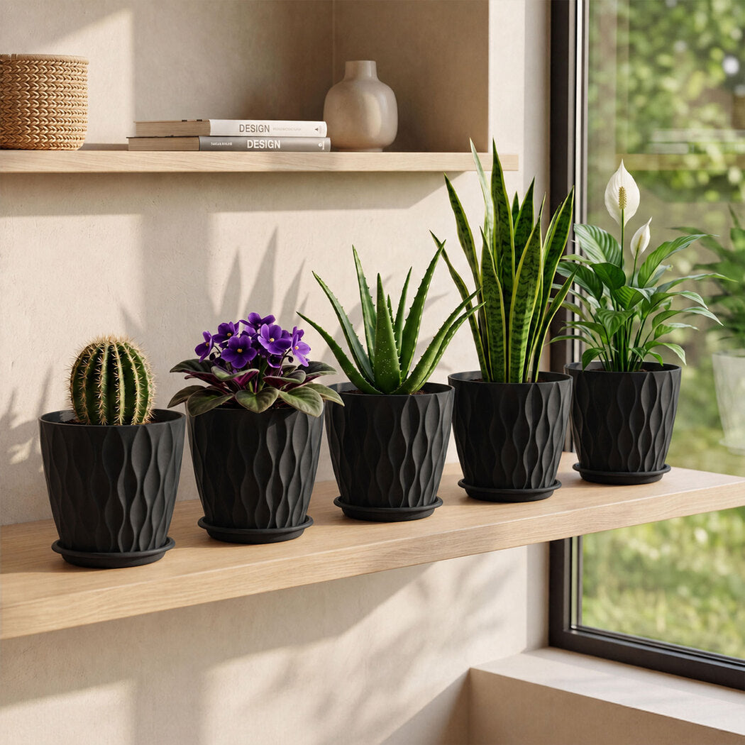 8 Inch Black Planter Pots Set 5 Drainage Saucers | Simpledea