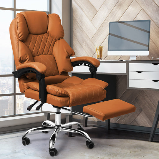 Gaming Chair Office Computer Brown Footrest - Leather Seat Recliner Grey