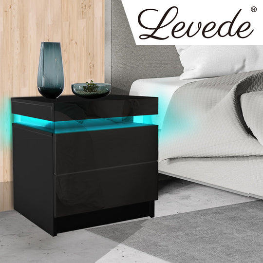Bedside Tables Side Table 2 Drawers Black - Rgb Led High Gloss
