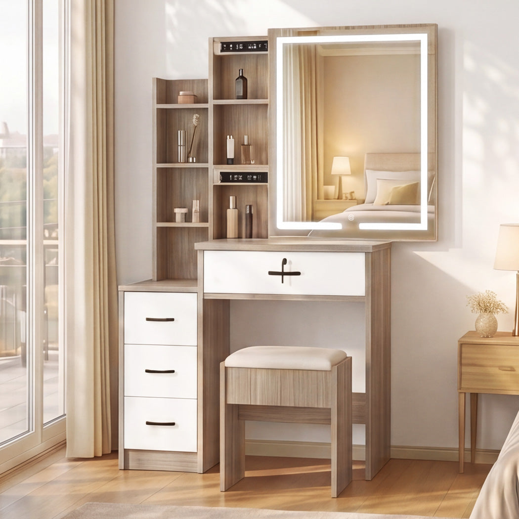 LED Vanity Dressing Table Stool Set Natural | Simpledeals