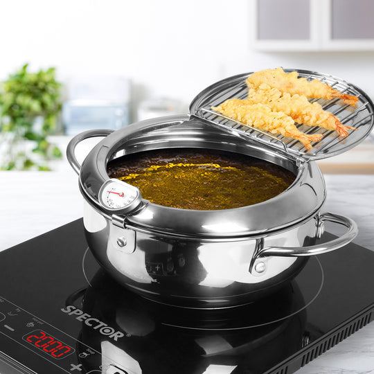 24cm Japanese Deep Frying Pan Pot with Thermometer Kitchen Tempura Fryer Silver