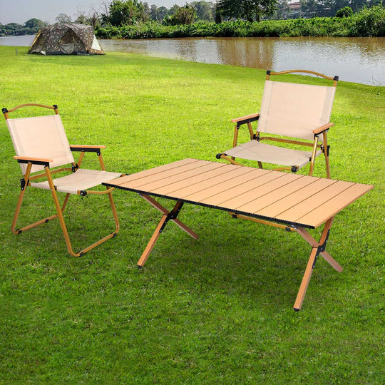 Folding Camping Table & Chair Set Oak Portable Outdoor