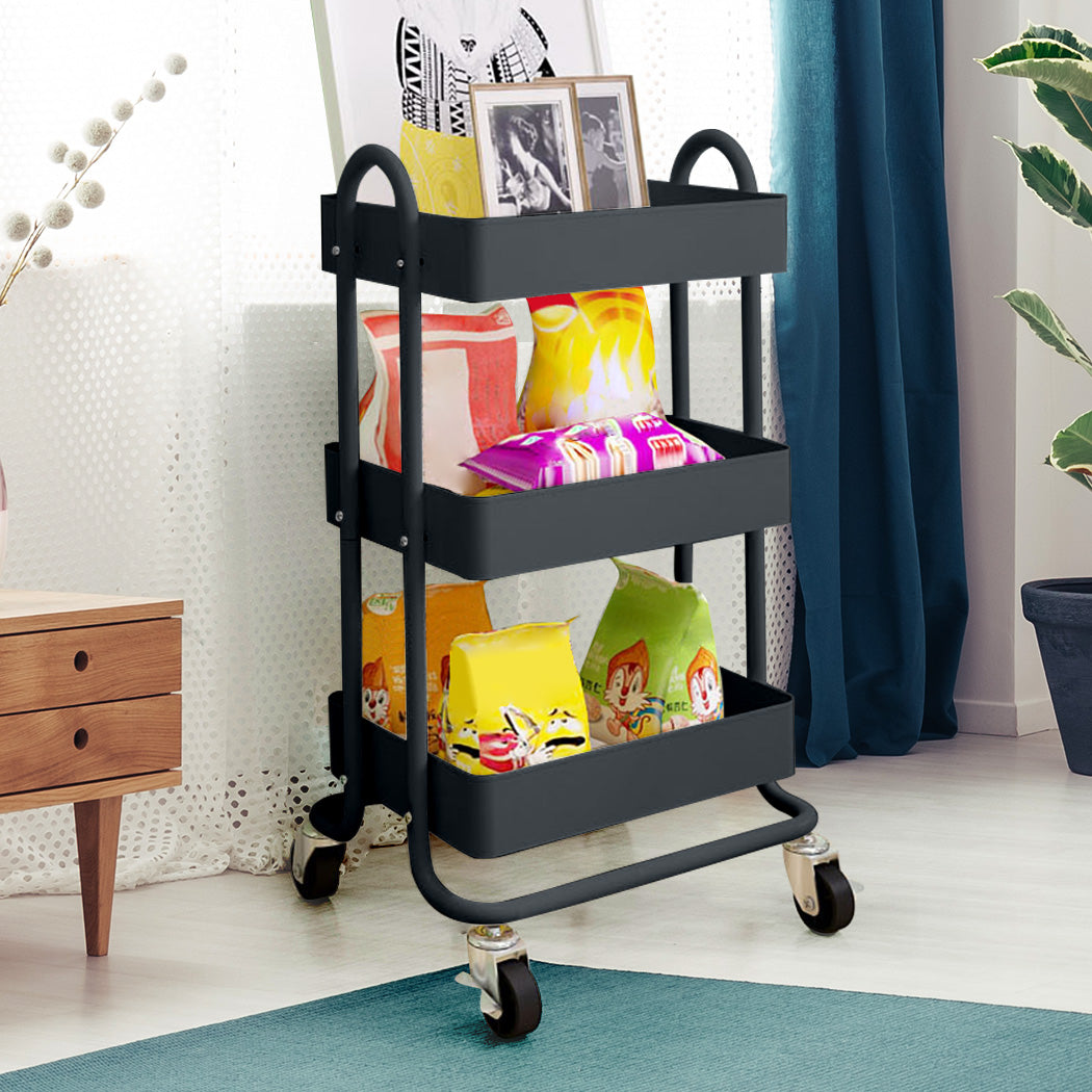 3 Tiers Kitchen Trolley Cart Grey - Steel Storage Rack