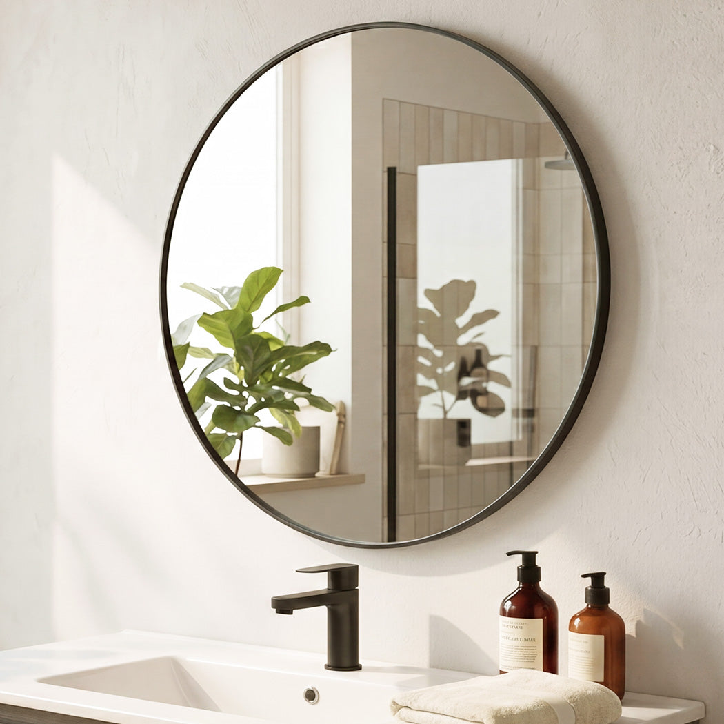 60cm Round Bathroom Mirror Black Frame HD Glass | Simpledeals
