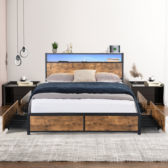Double Bed Frame With RGB LED And 4 Storage Drawers USB