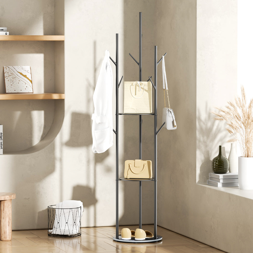Compact Coat Rack Clothes Stand 8 Hook Organizer Black  Space-Saving