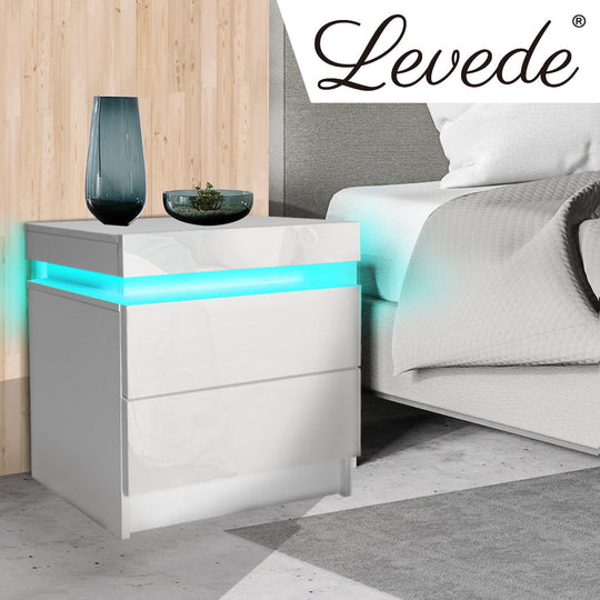 Bedside Tables RGB LED Side Table White - Drawers Storage Cabinet High