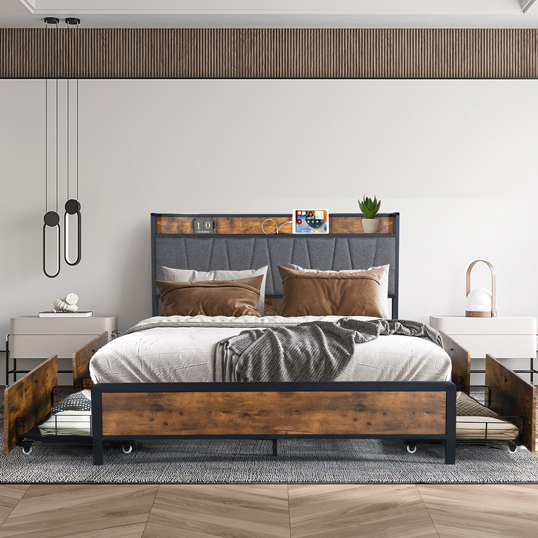 Queen Bed Frame With Soft Storage Drawers And USB Charging Headboard