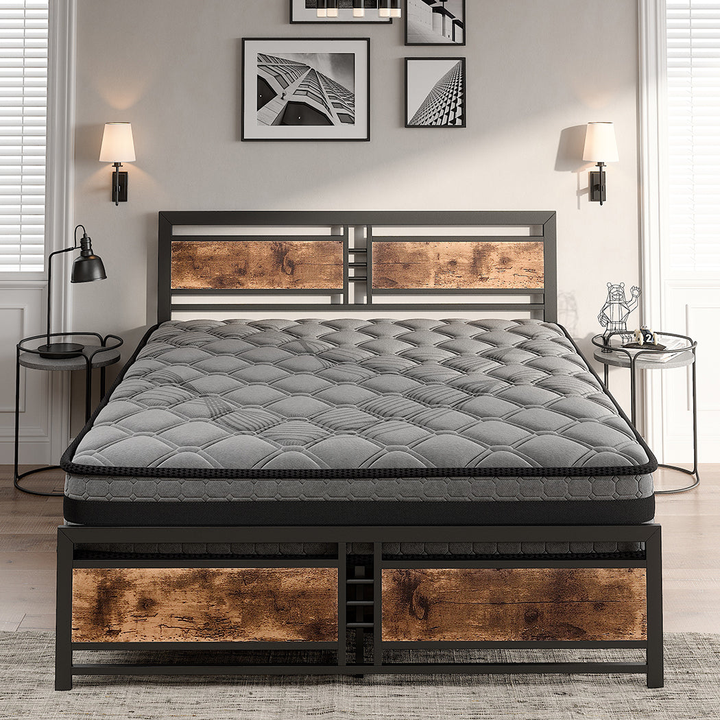 Metal Bed Frame With Wooden Slats Queen Mattress Base Set