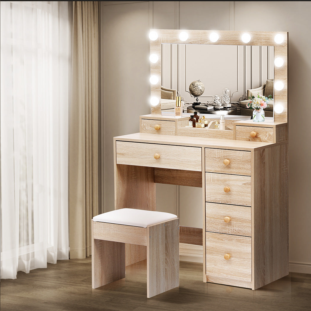 Compact Dressing Table Stool Set Oak  Soft Cushion Classic Durable