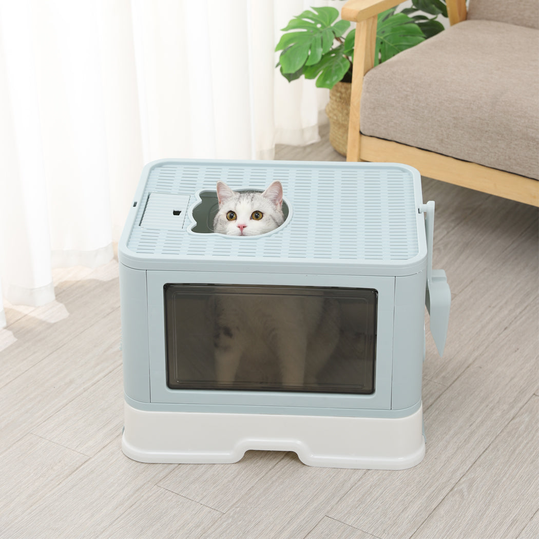 Foldable Cat Litter Box Tray Enclosed Blue