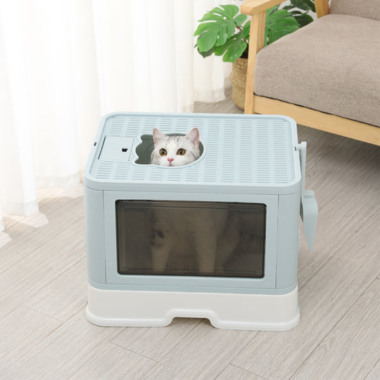 Foldable Cat Litter Box Tray Enclosed Blue - Kitty Toilet Hood Hair